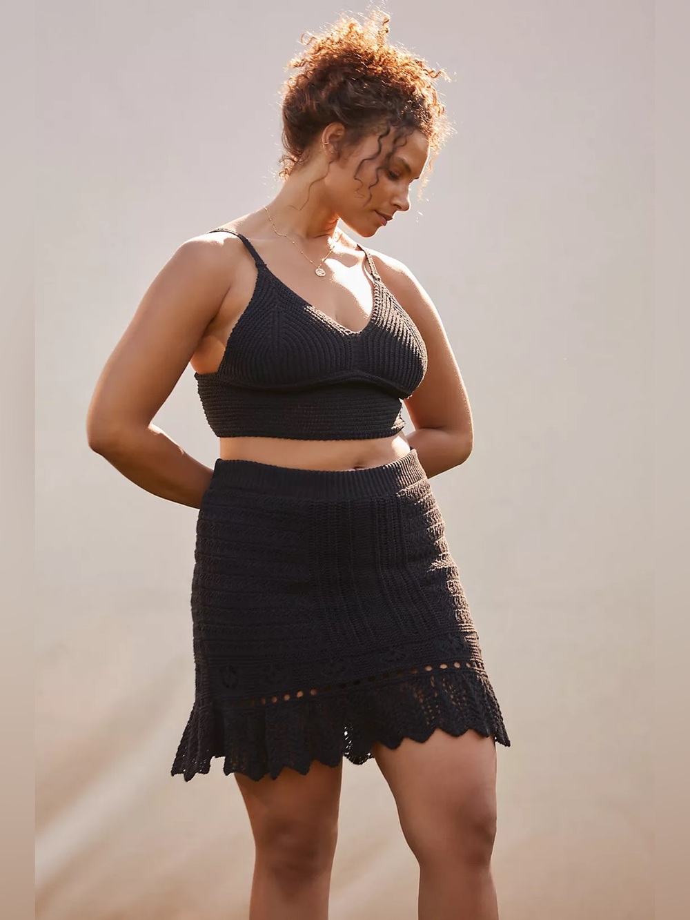 Anthropologie Black Knit Crochet-Hem Mini Skirt